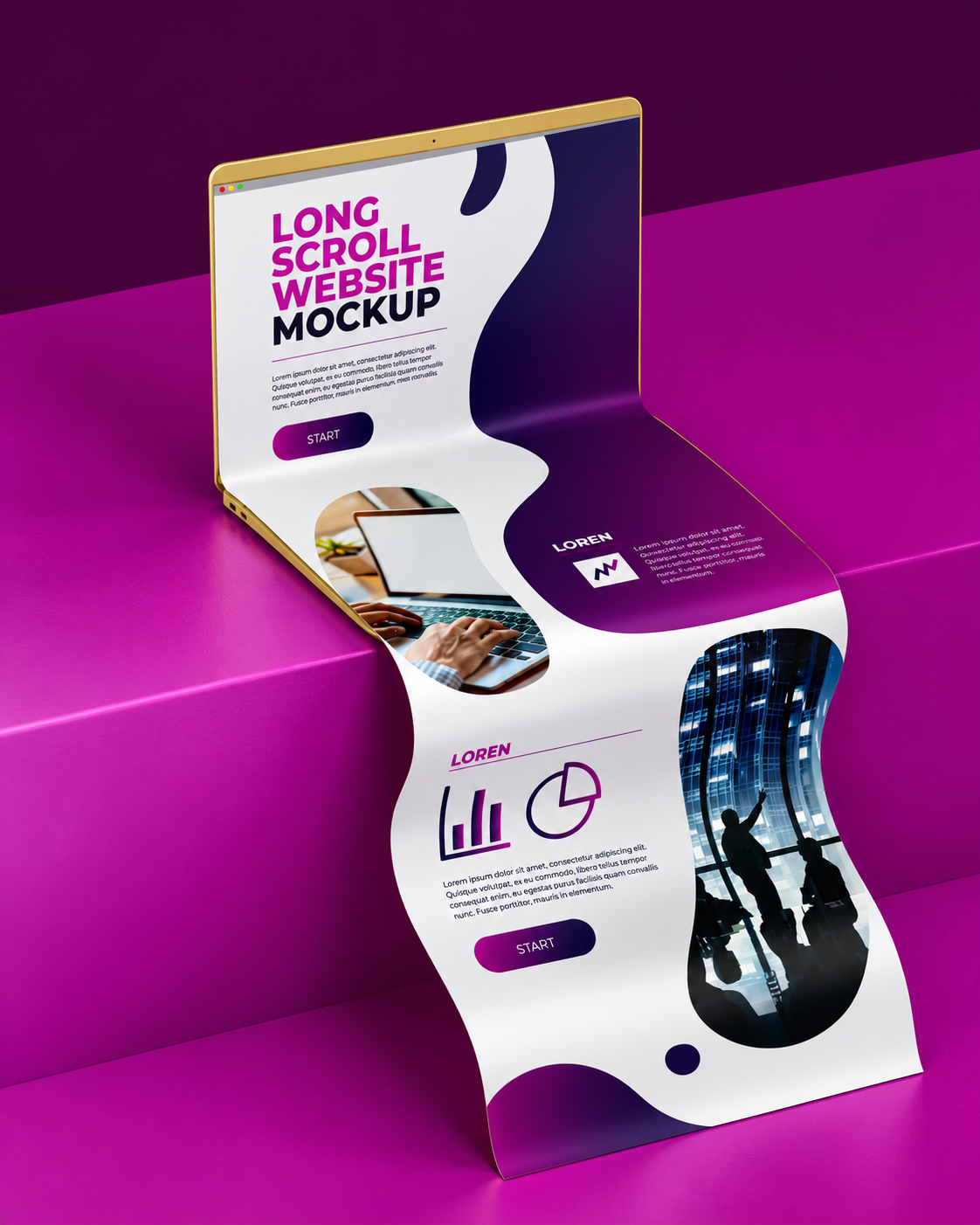 Long scroll website design mockup on a laptop