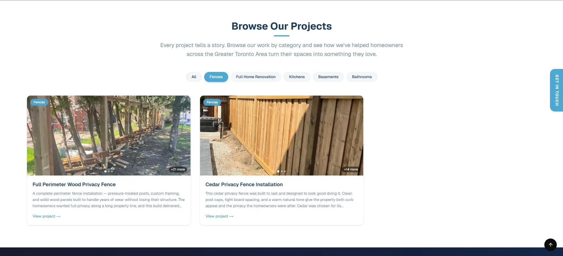 New Romanos Renovations projects section with category filters