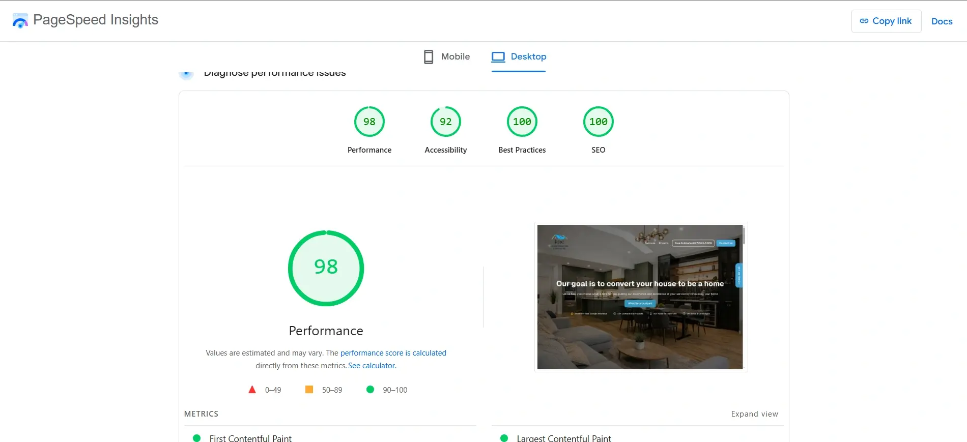 Google PageSpeed Insights desktop scores after the rebuild