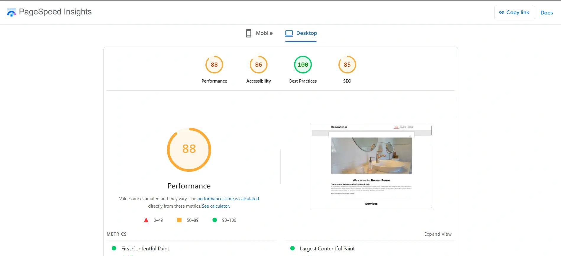 Google PageSpeed Insights scores before the rebuild