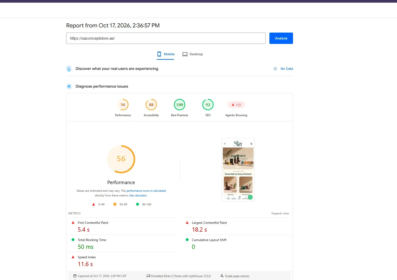 Google PageSpeed Insights mobile report showing an 18.2 second largest contentful paint